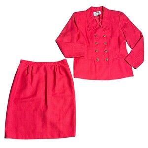 Kasper Skirt Suit Womens 10 Petite ASL Double Breasted Gold Button Blazer